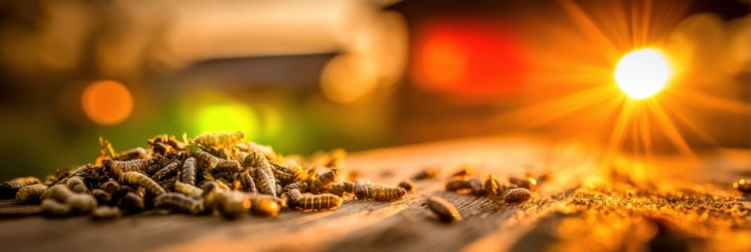 Dried black soldier fly larvae heap on a rustic wooden surface for poultry feed advertising, high protein maggots used in agricultural farming and livestock nutrition