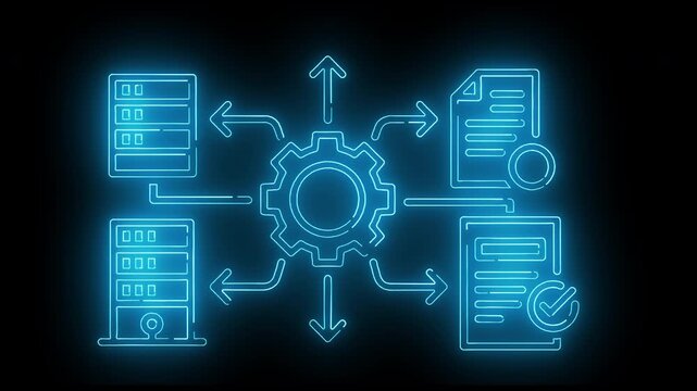 Neon-lit diagram of a gear connected to various digital documents and servers with glowing blue lines on a black background.