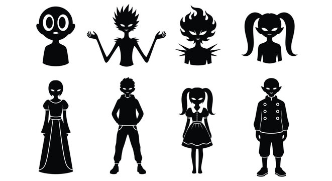 Set of black character silhouettes featuring diverse stylized figures including monster heads human shapes and fantasy avatars on white background.