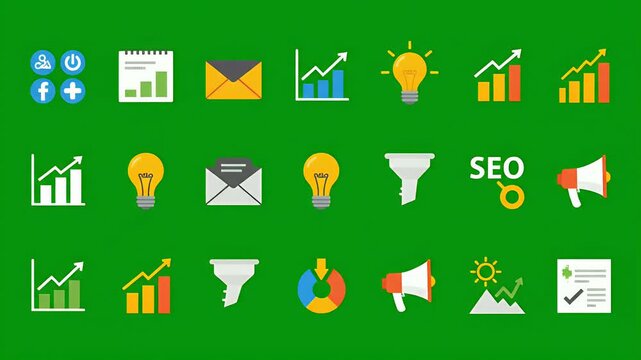 SEO Analytics Growth Strategy Icons With Lightbulb And Chart Motion Graphics