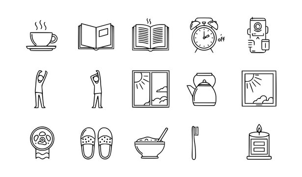 Slow morning routine minimal line art icon set with coffee reading stretching and self care symbols
Keywords: