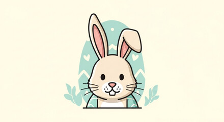 Fototapeta premium Cute cartoon bunny peeking out from behind a blue heart patterned background with leaves
