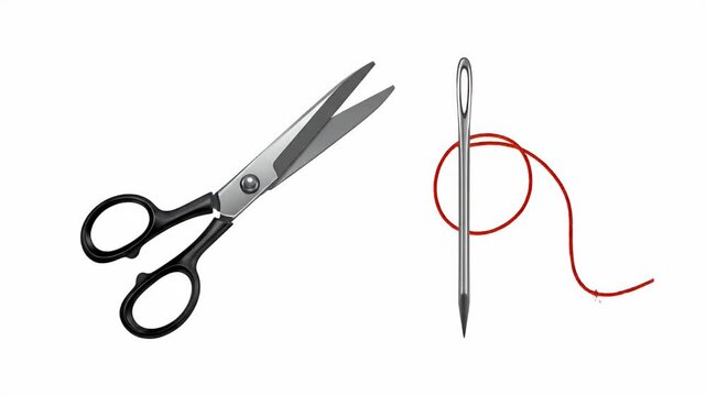 Sewing Scissors and Needle with Red Thread on White Background