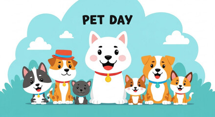 Obraz premium Colorful cartoon pets celebrate pet day with dogs and cats together happily outdoors