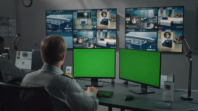 Man sitting at desk with multiple computer monitors. Security monitoring screens. Green screen displays. Surveillance room with multiple screens. Control room. Monitoring station. Dark