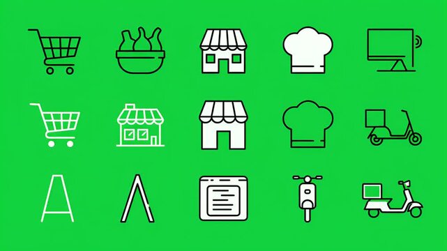 Shopping Cart Store Chef Hat Scooter Food Delivery Icons Motion Graphics