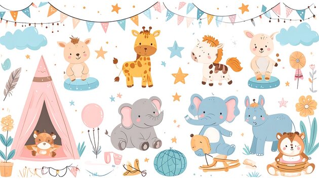 Adorable cartoon animal collection, featuring a giraffe, elephant, horse, and others. Decorated with clouds, stars, and flags