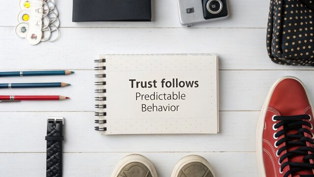 Trust Follows Predictable Behavior Concept with Stationery, Accessories, and Casual Footwear on Wooden Background