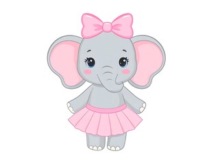 Fototapeta premium Adorable cartoon elephant with a pink bow, tutu, and large ears on a white background
