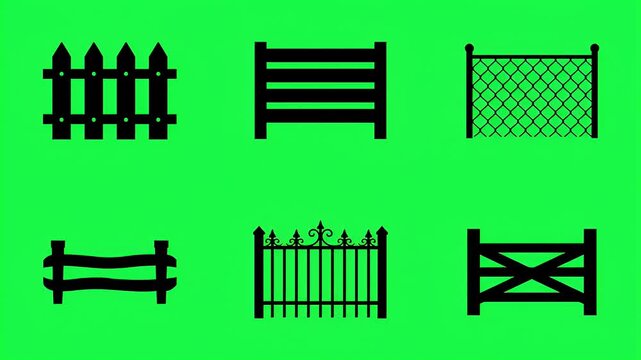 Six Black Fence Silhouettes On Green Background Footage