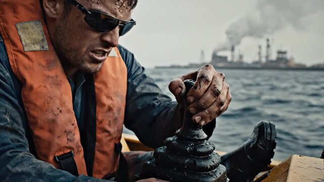 Industrial worker in life vest operating heavy machinery control lever on a boat at sea with plant in background
