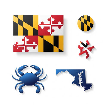 Maryland Symbols Vector Illustration with Flag, Blue Crab, and Chesapeake Bay