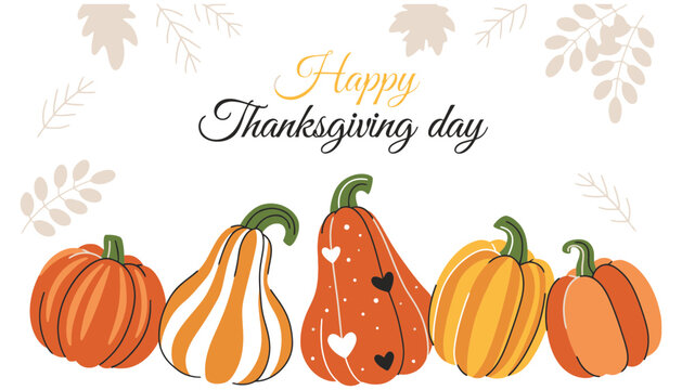 A happy Thanksgiving day illustration with pumpkins and leaves