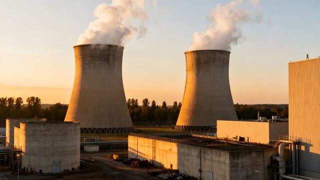 Two massive industrial cooling towers releasing plumes of white steam against a warm sunset sky near facility structures