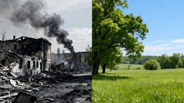 A compelling visual split image profoundly contrasting war's devastating destruction, featuring bombed-out buildings and dark smoke, with serene nature's hopeful rebirth, symbolizing profound global c