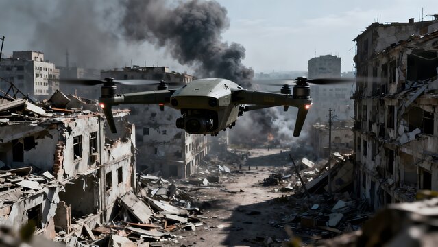 Military reconnaissance drone hovers low above a desolate urban combat zone surveying widespread building destruction and heavy smoke.
