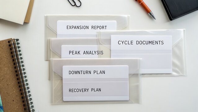 Document organization with labels for project management reports and plans on office desk with stationery elements