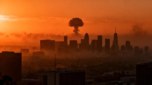 An immense, foreboding mushroom cloud dramatically ascends above a silhouetted urban skyline, cast against a vibrant, fiery orange sky, embodying impending global disaster, widespread devastation, and