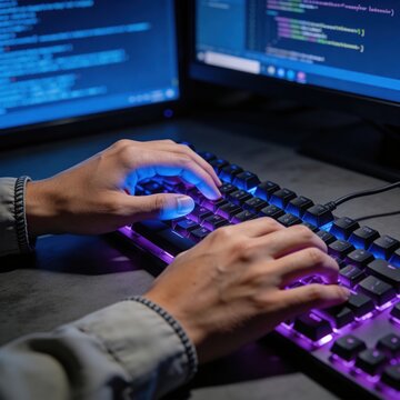 Analyst hands typing on a mechanical keyboard with blue and purple backlight, featuring a programmer working on software code in a dark office or cybersecurity room