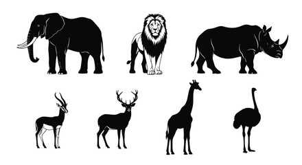Fototapeta premium Black vector silhouette set of African safari animals for concepts of wildlife conservation zoo nature travel savannah and organic branding