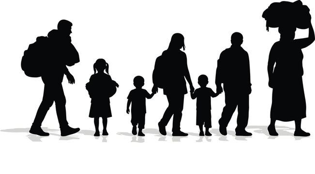 Black vector silhouette of a refugee family for concepts of migration humanitarian crisis social issues displacement human rights and immigration