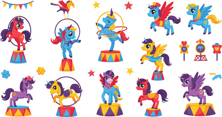 Obraz premium Cute circus pony set with colorful unicorn characters performing tricks, fun carnival animals with props and stages vector illustration collection for kids design