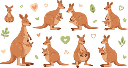 Fototapeta premium Cute kangaroo mother and baby joey set, adorable wildlife family characters with hearts and leaves vector illustration