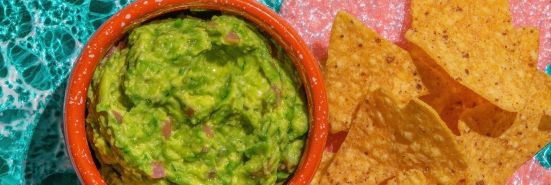 Fresh guacamole dip with corn tortilla chips served in a bowl on a colorful emerald green and pink tabletop for a culinary food blog or lifestyle brand background