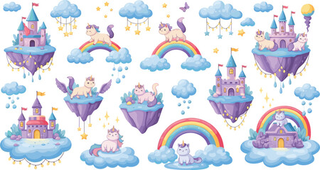 Naklejka premium Cute unicorn fantasy elements set with castles rainbows clouds and stars, magical fairytale collection for kids nursery vector illustration design