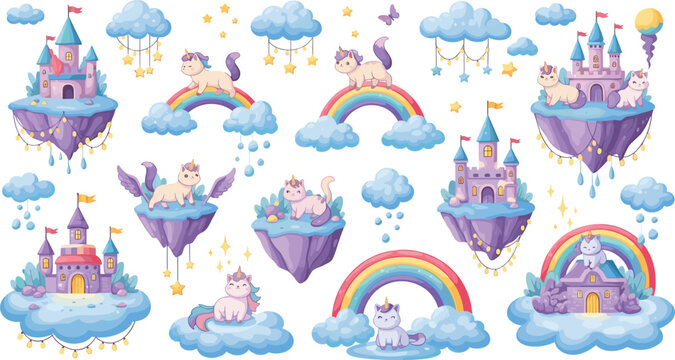 Cute unicorn fantasy elements set with castles rainbows clouds and stars, magical fairytale collection for kids nursery vector illustration design