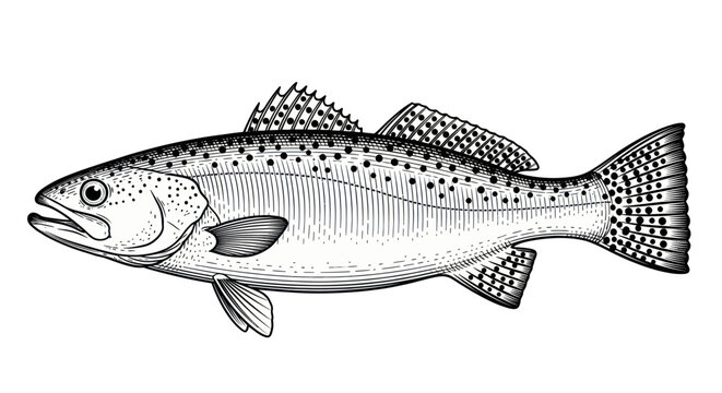 Detailed Black and White Illustration of a Speckled Trout Fish