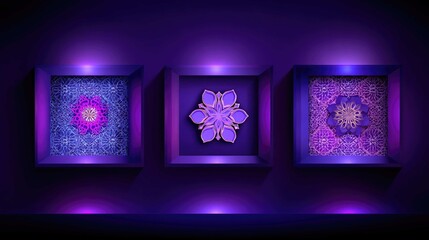 Three ornate, framed, glowing floral-like designs on a purple wall, illuminated with spotlights