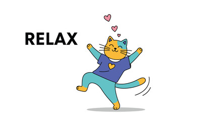 Fototapeta premium Happy cartoon cat wearing a purple t-shirt dancing joyfully with pink hearts around and text that says relax.