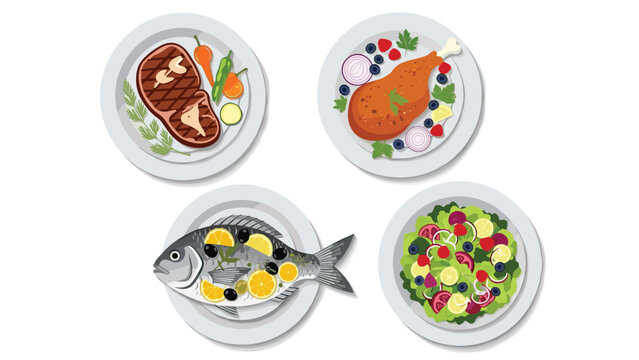 Top view of four healthy and delicious plates with grilled steak, roasted chicken, baked fish, and fresh green salad.