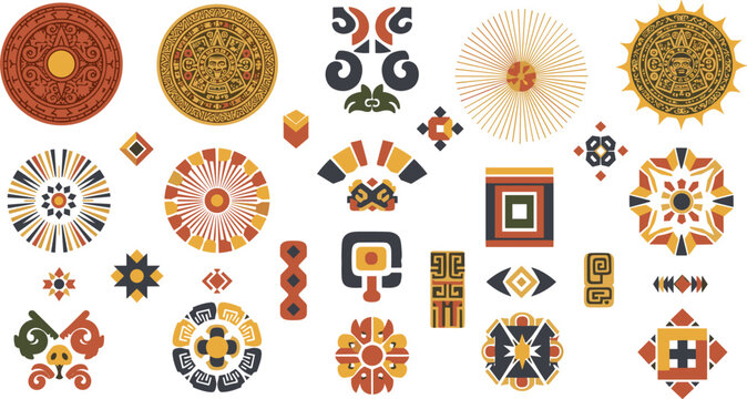 Ethnic geometric patterns collection with tribal ornaments aztec motifs and decorative symbols, colorful traditional design elements vector illustration set
