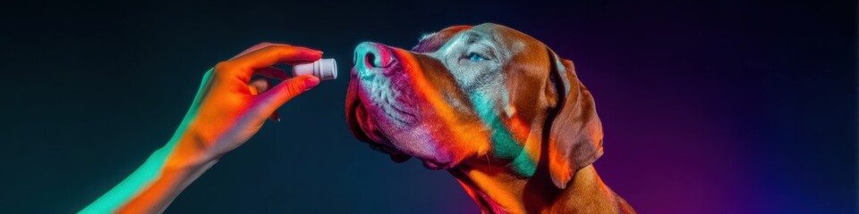Human hand applying nose balm to a dog for veterinary wellness treatment in a studio setting with neon lighting and copy space for pet skincare advertising