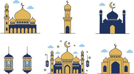 Islamic mosque collection with golden domes minarets and traditional lanterns for Ramadan Kareem and Eid Mubarak celebration vector. © ZOWRON
