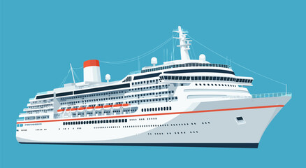 Luxury cruise liner vector illustration on a clear blue background, depicting a grand ship sailing across the open sea © Purnomo