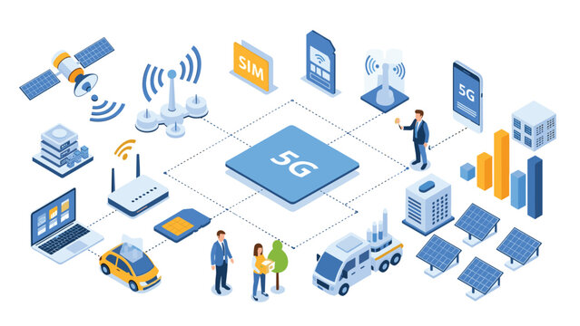 Comprehensive isometric illustration of a 5G high speed wireless network connecting various devices and smart cities.