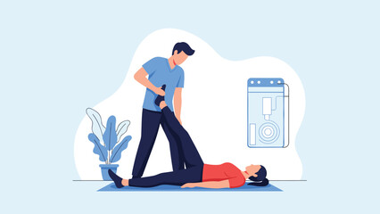 Fototapeta premium Physical therapist helping a woman with her leg exercises in a modern medical clinic with rehabilitation equipment.