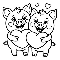 Fototapeta premium Adorable Cartoon Pig Couple in Love: Monochrome Valentine's Day Whimsical Illustration with Hearts, Perfect for Young Animal Lovers and Playful Coloring Enthusiasts