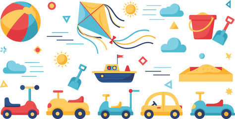 Kids summer toys and beach elements set with cars kite ball sand bucket and boat, colorful outdoor play illustration collection for children design