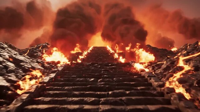 Long stone staircase leading to a fiery sky in a dramatic volcanic landscape with lava.