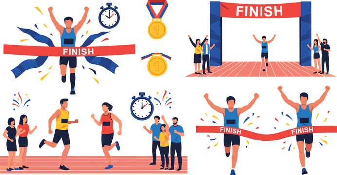 Marathon finish line victory set with runners crossing finish tape medals and cheering crowd, running competition success concept vector illustration collection
