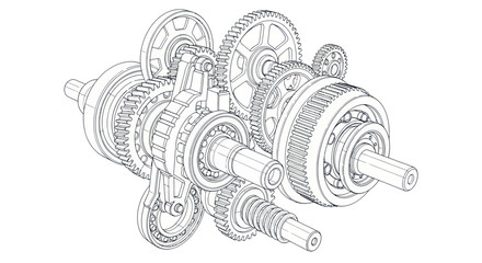 Detailed technical drawing of a complex mechanical gear system, blueprint style © anis