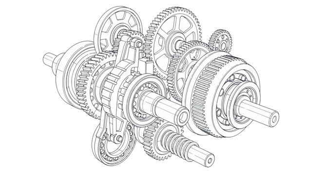 Detailed technical drawing of a complex mechanical gear system, blueprint style
