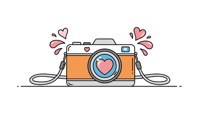 Retro photo camera illustration with floating pink hearts and decorative water splashes symbolizes love for photography and captures special moments.