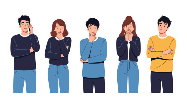 Group of diverse people standing in a row with various facial expressions of thinking worrying and contemplating in a clean flat design style.