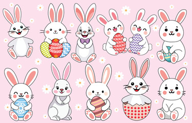 Fototapeta premium Cartoon Bunny Easter Set Holiday Rabbit with Eggs Christian Festival Vector