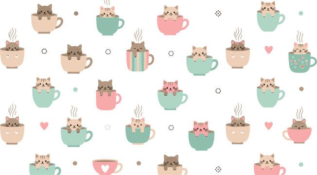 Seamless pattern with cute kittens in coffee cups, cozy cartoon cats with mugs and hearts background for textile and wrapping design